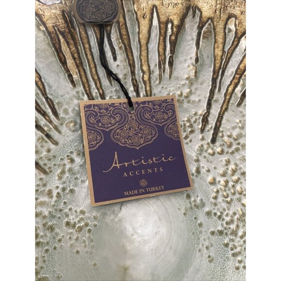 Artistic Accent Hand Decorated Glass Made In Turkey Green Gold Dish Bowl Decor - Picture 8 of 9